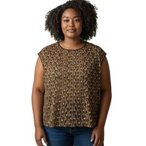 Talbots Feather Print Pleated Sleeveless Brown Blouse Top Women's Petite 16 Nwot